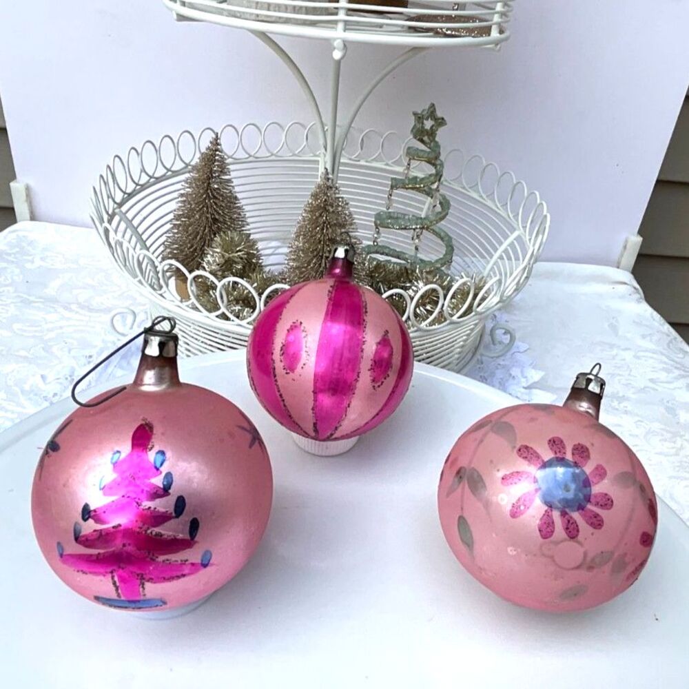 3 Vintage Shiny Brite Hand Painted Pink Christmas balls; Shabby Chic tree